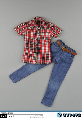 taobao agent Zytoys 1/6 zy5002 men's red and white checked short sleeve+denim suit