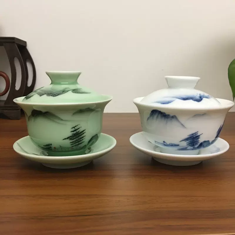 一善堂高白手绘盖碗三才碗功夫茶具配件陶瓷泡茶器荷韵釉下彩茶碗-Taobao