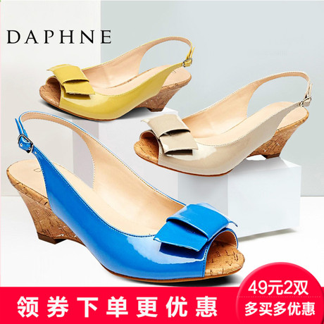 daphne/達芙妮專櫃女鞋 夏款時尚坡跟蝴蝶結後絆帶魚嘴涼鞋清倉