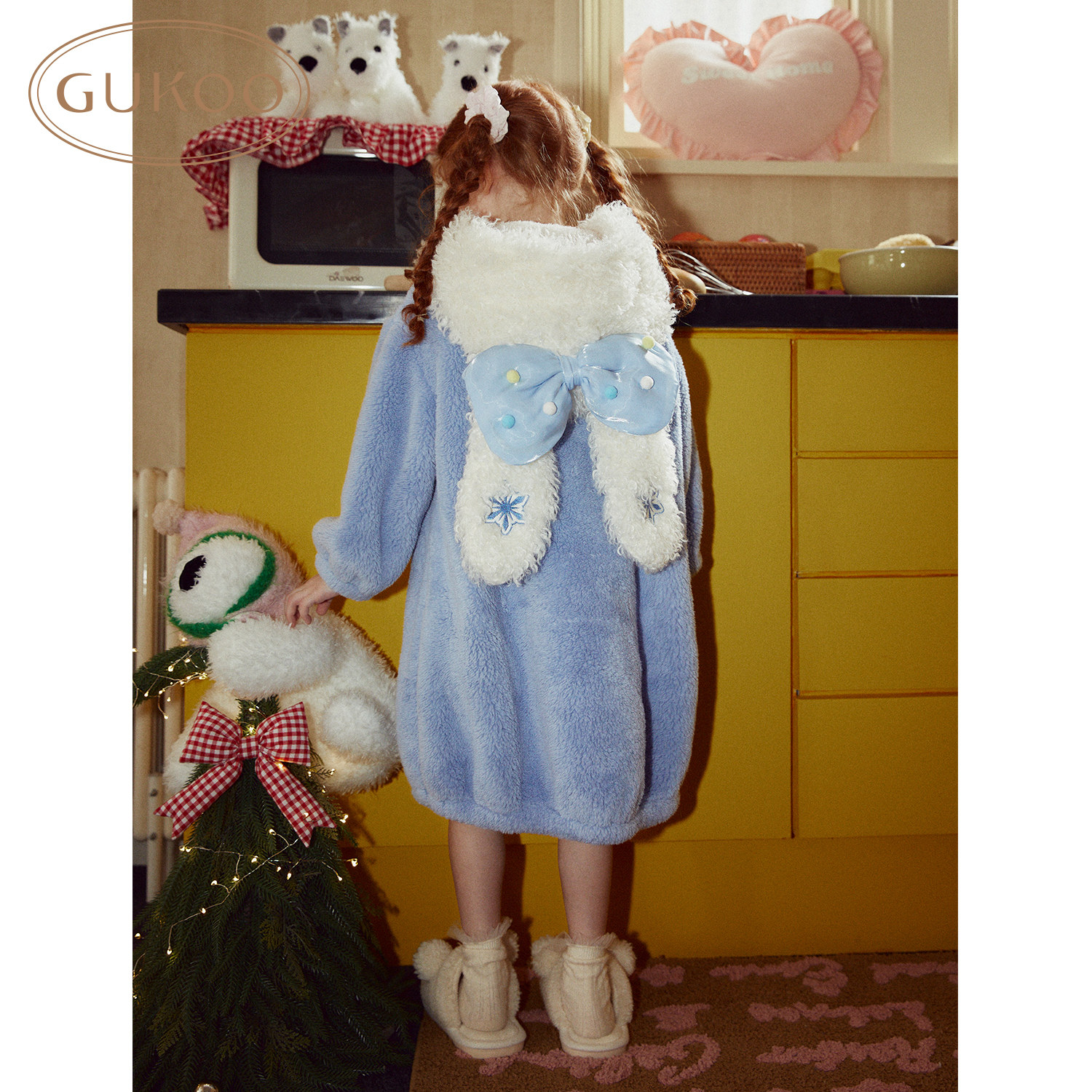 Gukoo/果壳睡袍女童冬季蓝色新款毛绒保暖可爱儿童家居服睡袍D