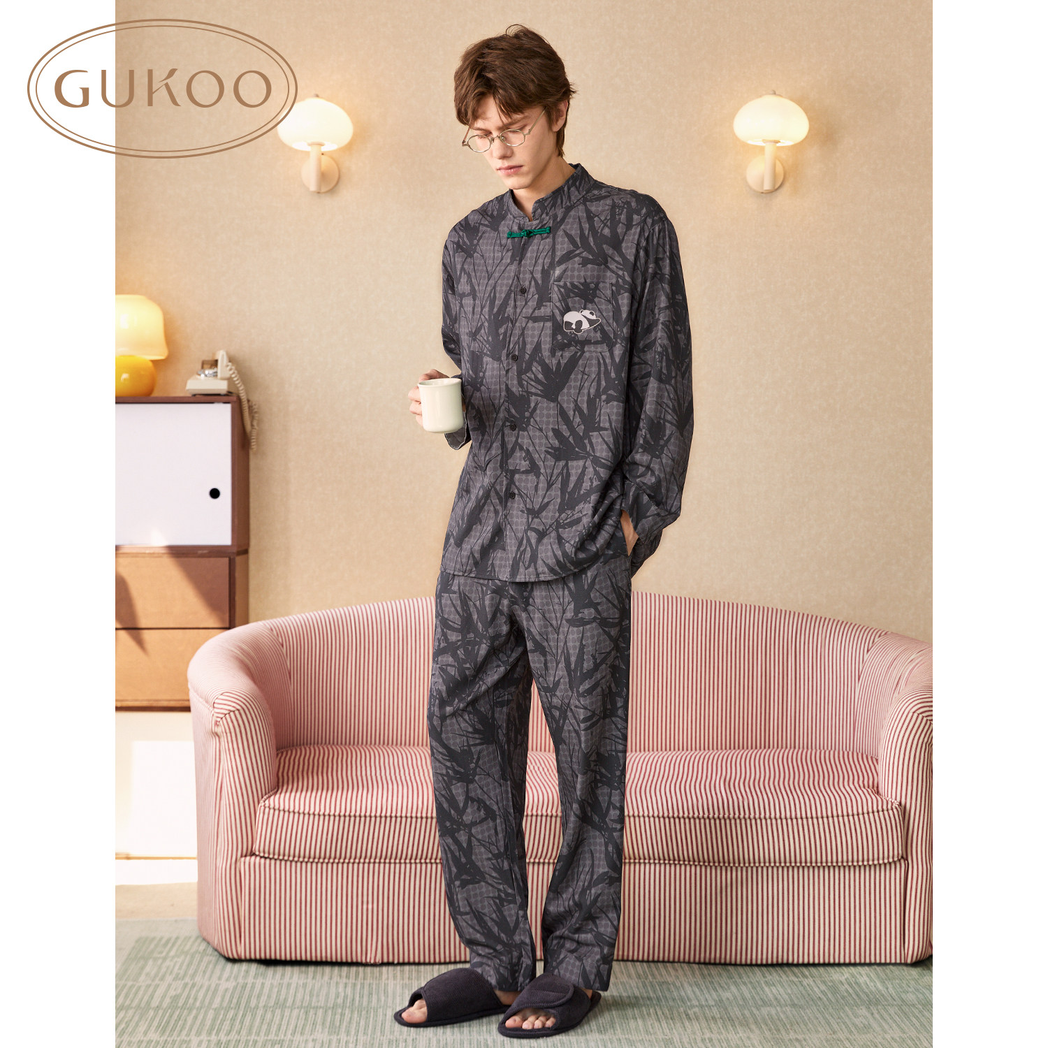 Gukoo/果壳睡衣男春秋款暗纹简约新款纯棉宽松男士家居服套装C