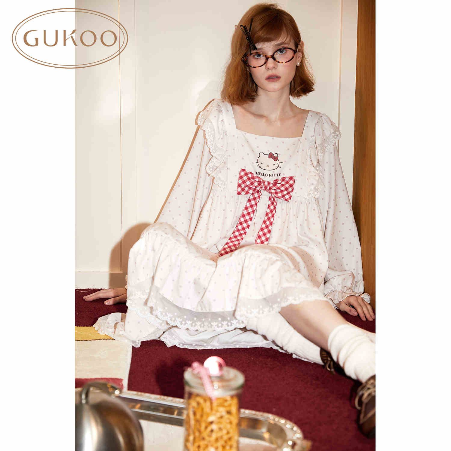 Gukoo/果壳睡裙女春秋款HelloKitty联名新款甜美女士家居服睡裙C