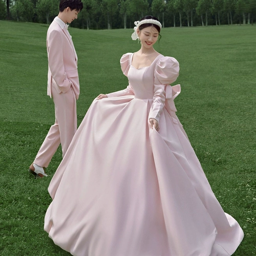 Розовый реквизит для фотографии, свадебное платье с бантиком, французский стиль, рукава фонарики