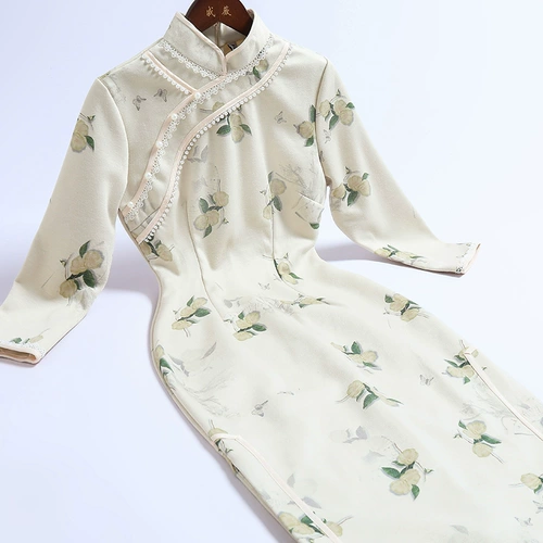 Шерстяное осеннее ципао, длинное платье с рукавами, средней длины, городской стиль