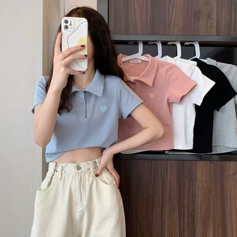 半袖小熊tシャツ女春新款短款高腰襟上着露へそ夏 O348K