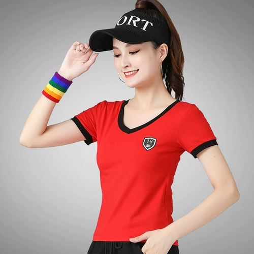 Модная танцующая футболка, летний однотонный спортивный костюм для спортзала, короткий рукав, V-образный вырез