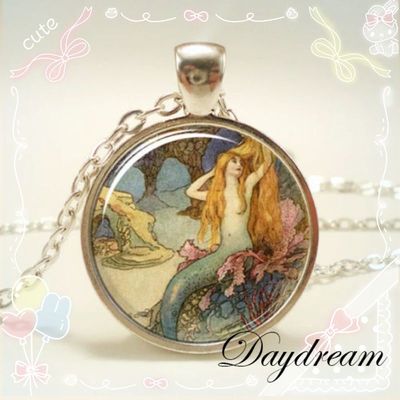 taobao agent Japanese Korean version of Lolita Girl with Moonlight Vocal Mermaid convex round silver glass chain pendant necklace