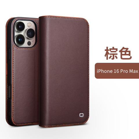 Brown — Qialino Genuine Leather Wallets Folio Flip Business High End Premium 16, 16 Plus, 16 Pro, 16 Pro Max iPhone Case