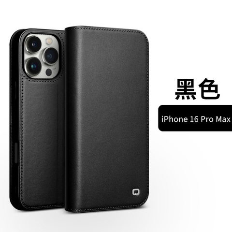 Black — Qialino Genuine Leather Wallets Folio Flip Business High End Premium 16, 16 Plus, 16 Pro, 16 Pro Max iPhone Case