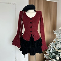 朵来美 Трикотажный свитер, приталенный топ, короткая модная красная трикотажная мини-юбка, по фигуре