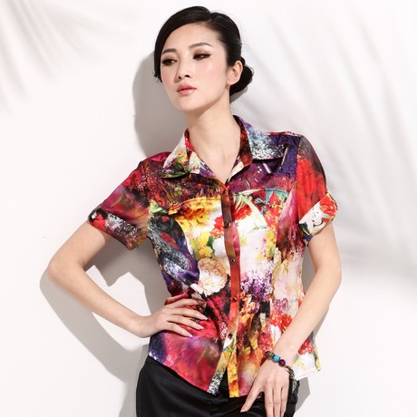 qcg七彩光夏款新品桑蚕丝真丝 短袖衬衫上衣雪纺女士短袖开衫丝绸