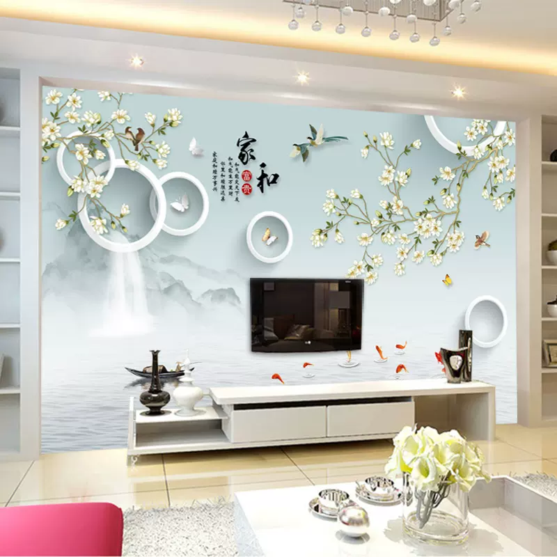 家和8d電視背景牆布客廳5d大氣花鳥山水畫壁紙3d圓圈瀑布壁紙壁畫