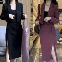 Короткий лонгслив, пиджак классического кроя, длинная юбка, осенний комплект, 3 предмета, с акцентом на бедрах