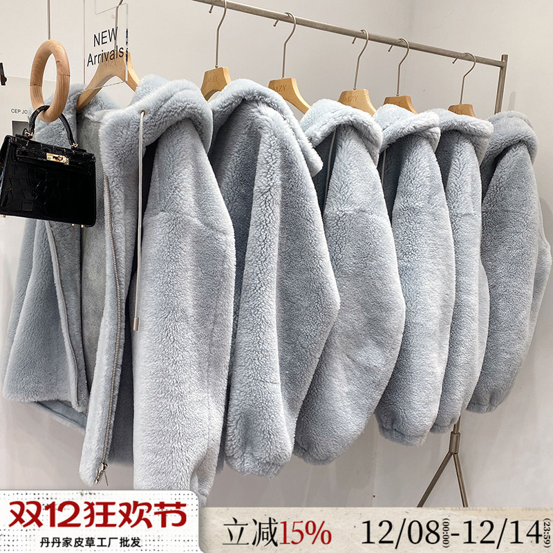 羊剪绒大衣女2025新款中长连帽韩版羊羔毛皮毛一体颗粒绒皮草外套