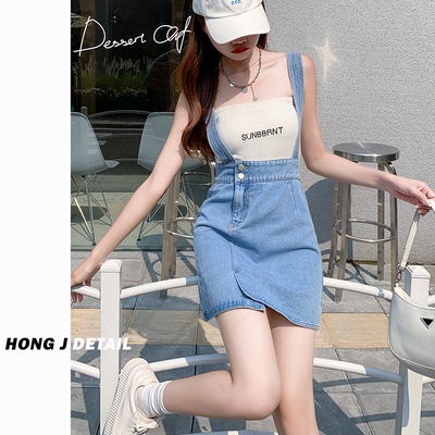 taobao agent Suspenders, denim skirt, summer thin pleated skirt, dress, mini-skirt, suitable for teen, hip-accented, fitted, 2022 collection