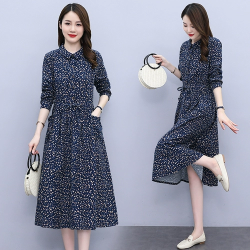 Хлопковый осенний лонгслив, осеннее платье, приталенная юбка, городской стиль, в цветочек