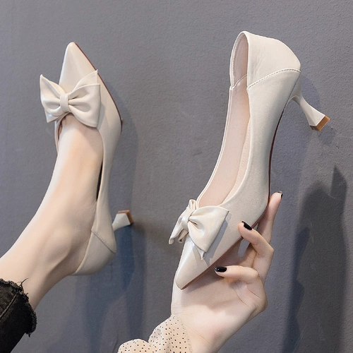 Нюдовая обувь с бантиком на высоком каблуке, туфли с заостренным носом, 2022 года, французский стиль