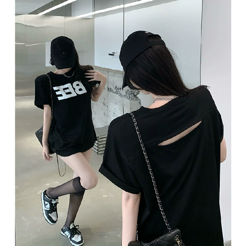 Черная летняя футболка с буквами, сексуальные наплечники, топ, в корейском стиле, простой и элегантный дизайн, свободный крой