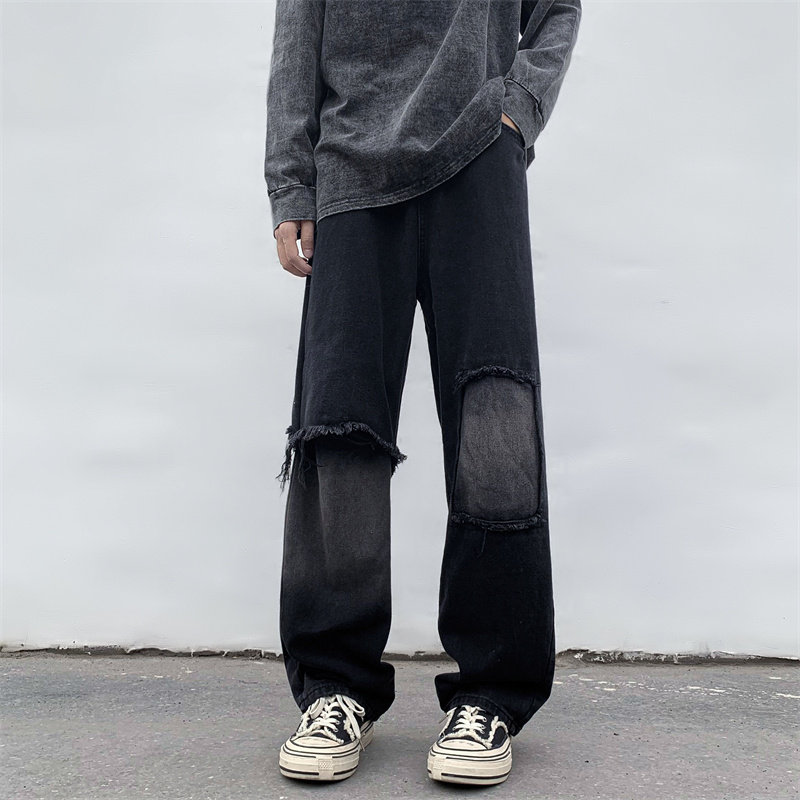 メンズデニムパンツ 黒デニム ダメージ加工ワイドパンツ メンズ
