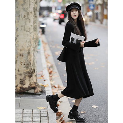 taobao agent Black dress, knitted megaphone, long skirt, french style, A-line