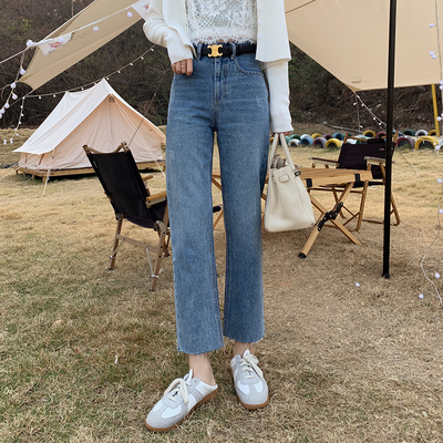 taobao agent Xia Shiwen's mouth, mouth, woolen high -waist high -waisted straight Hong Kong -flavored denim jeans women spring 2021 new loose cropped pants
