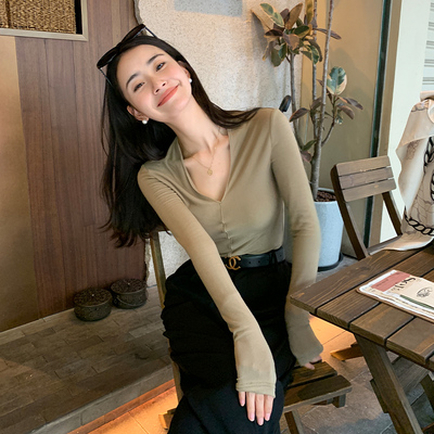taobao agent Base autumn jacket, bra top, solid long-sleeve, T-shirt, V-neckline, long sleeve, with sleeve