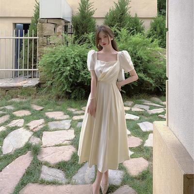 taobao agent Dress, brace, long skirt, plus size, french style, puff sleeves, square neckline, bright catchy style