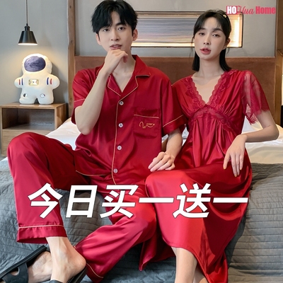 taobao agent Summer silk sexy red pijama, uniform, set, with short sleeve