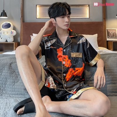 taobao agent Men's summer pijama, silk thin shorts, set, with short sleeve, plus size, suitable for teen