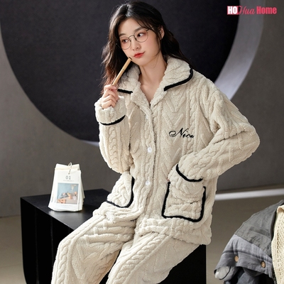 taobao agent Coral velvet demi-season pijama, cardigan, fleece long-sleeve, uniform, set, 2022 collection, increased thickness, with fleece