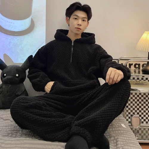 Мужская коралловая бархатная демисезонная пижама для отдыха, спортивная фланелевая толстовка с капюшоном с молнией, комплект