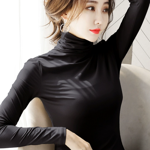 Черный цветной приятный телу весенний лонгслив, высокий воротник, коллекция 2023, облегающий крой, в западном стиле