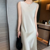 Летнее шелковистое цветное платье с рукавами без рукавов, длинная юбка, майка, круглый воротник