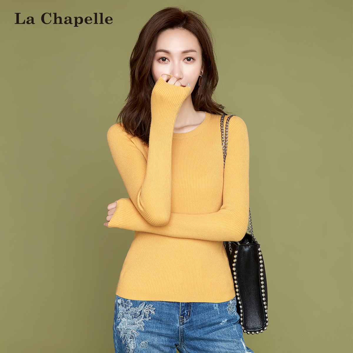 Y拉夏贝尔秋冬季2018新款韩版显瘦打底衫女士纯色长袖套头针织衫
