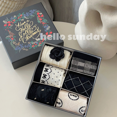 taobao agent Tide, black demi-season socks, cotton gift box, flowered, 6pcs, internet celebrity