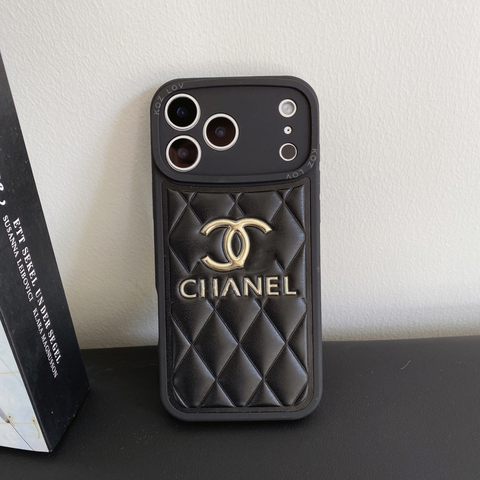 Quilted Leather Pattern With Gold Emblem & Lanyard Strap – Pro/Plus/Max/Air – 17, 16, 15, 14, 13, 12 iPhone Case