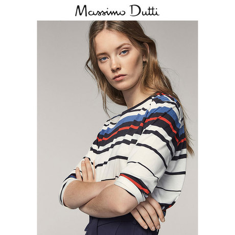 massimo dutti 女装 纽扣装饰条纹 t 恤 06830880401