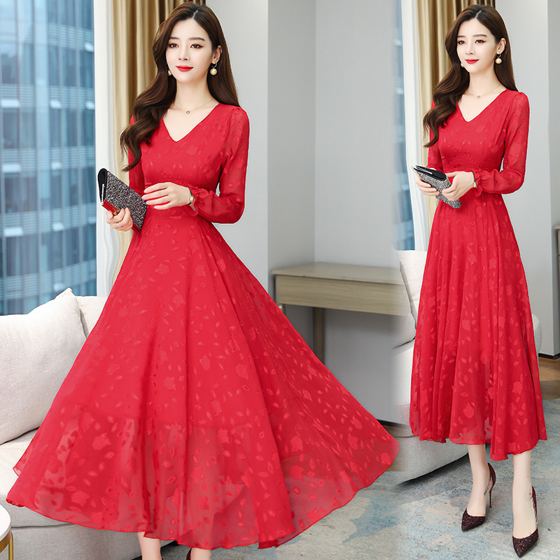 High-end celebrity temperament dress goddess Fan Qiu dress 2020 new fat mm waist red chiffon big swing skirt