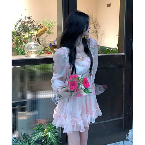 Розовая шифоновая юбка, лонгслив, в цветочек, коллекция 2022, по фигуре