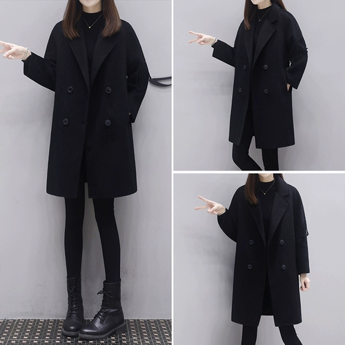Демисезонное длинное черное двусторонное кашемировое шерстяное пальто, коллекция 2022, средней длины