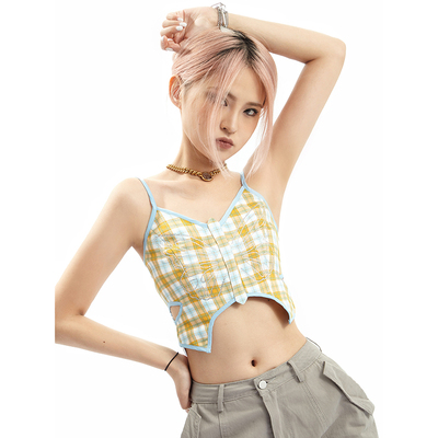 taobao agent APEA2022 Millennium Spicy Girl Butterfly Hot Drilling Checked Studius Sligue Y2K Hollow Limp Design A sense of Top Tide J