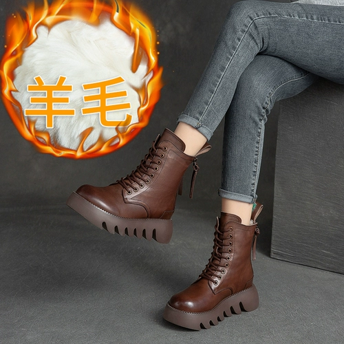 Martens, зимние универсальные флисовые туфли в английском стиле, короткие сапоги на платформе, из натуральной кожи, средней длины