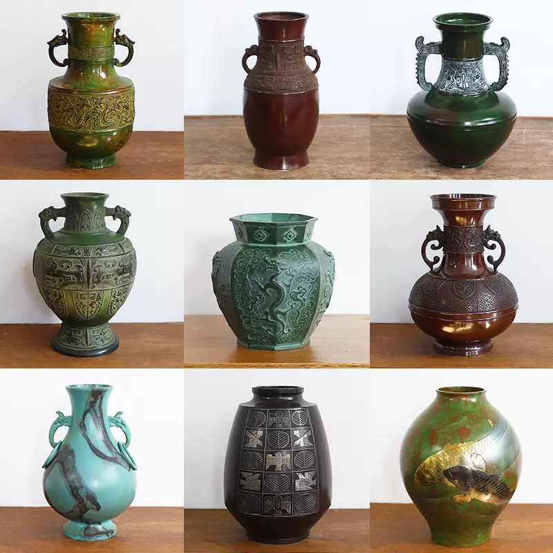 日本进口回流铜器日式池坊御玄猪薄端旧物摆件老物件铜瓶花器器皿-Taobao