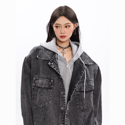 taobao agent CCUPSPACE silhouette is old gray Oversize denim stitching hat -button button design sensor jacket