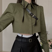 Ретро рубашка, короткий топ, воротник поло, в корейском стиле, свободный крой, длинный рукав