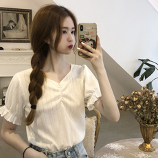 Солдатская детская одежда 洋气百搭短袖女韩版v领修身显瘦设计感木耳边短款小众白色上衣