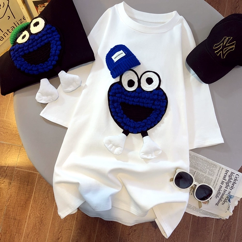 Летняя белая хлопковая длинная футболка, с вышивкой, короткий рукав, средней длины, оверсайз