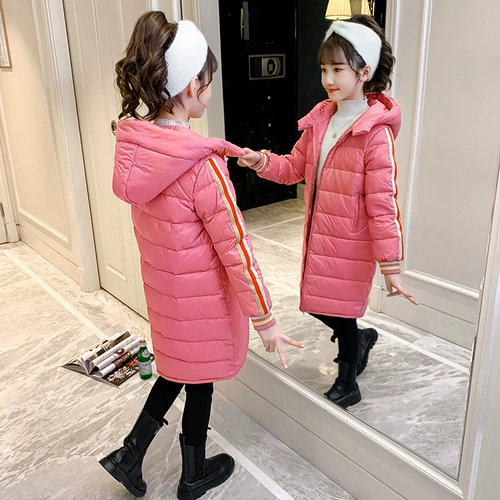 Черный пуховик, длинная детская бархатная куртка, коллекция 2023, средней длины, утиный пух