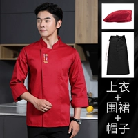 Красный лонгслив, черный цветной фартук, берет