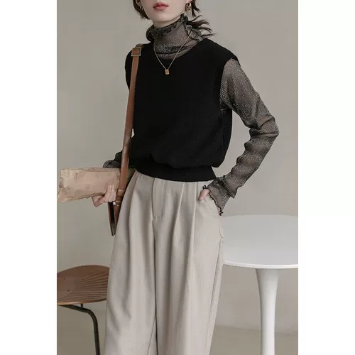 Приятный телу тонкий приталенный цветной кружевной шелковый лонгслив, высокий воротник